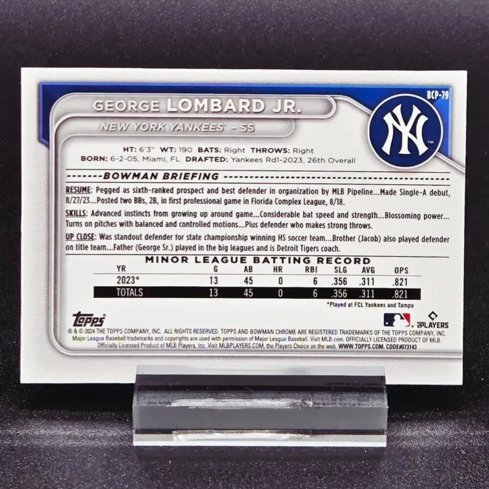 George Lombard Jr. Steel Laser Bowman Chrome 1st /49 RC's Yankees Top Prospect